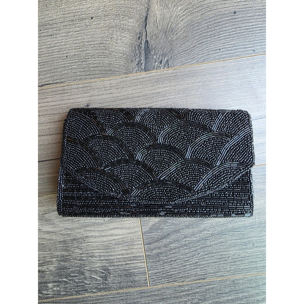 Black Beaded Art Deco Scalloped Evening Clutch Bag Magnetic Snap Formal Bag
